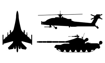 Fighter aircraft, tank, helicopter silhouette. Military equipment set icon. Vector illustration