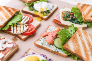 Six sandwiches with different ingredients