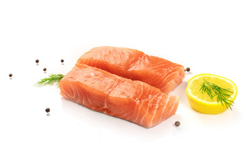 Photo of slices of salmon on white with copyspace