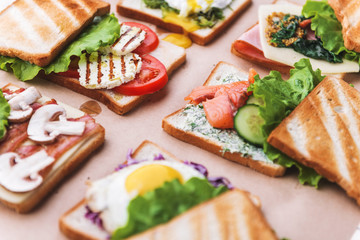 Six sandwiches with different ingredients