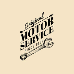 Vector vintage motorcycle repair logo. Retro garage label with hand sketched wrench. Custom chopper store emblem.