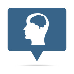 Blaue Sprechblase mit Kopf seitlich mit Gehirn