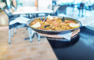 Traditional Paella served at restaurant in Formentera, Spain