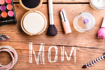 Mothers day composition. Beauty products on table. Studio shot.