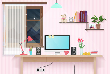 Female teenager room with workplace. Sweet girl style room interior design with furniture.