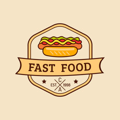 Vector vintage fast food logo. Retro hand drawn hot dog sign. Bistro icon. Used for street restaurant, cafe, bar menu.