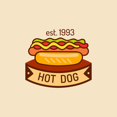 Vector vintage fast food logo. Retro hand drawn hot dog sign. Bistro icon. Used for street restaurant, cafe, bar menu.