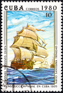 UKRAINE - CIRCA 2017: A postage stamp printed in Cuba shows the Cuban three-deck battleship Santissimo Trinidad built in the end of XVIII century from series Constructing of ships on Cuba, circa 1980