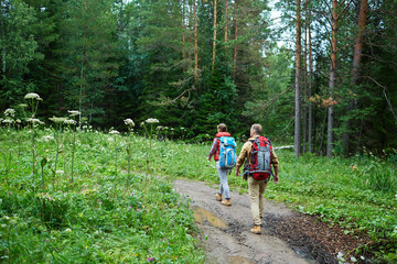 Obraz premium Young travelers walking deep in the forest