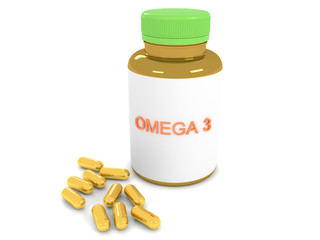 3d illustration of a plastic jar with vitamins in gold capsules omega-3.