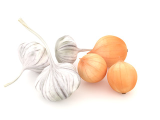 3d illustration of onion and garlic isolated on white background.