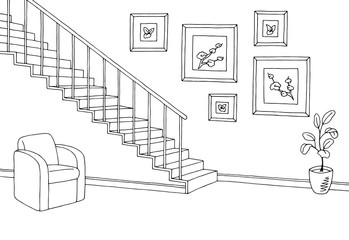 Hallway graphic stairs black white interior sketch illustration vector
