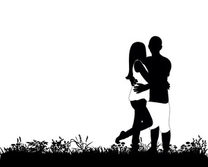 Silhouette of a guy and a girl are standing on grass vector illustration