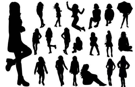 A collection of silhouettes of a teenager girl stands and sits a vector