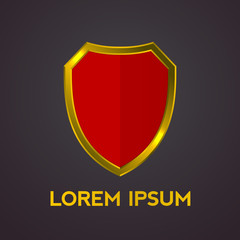 Golden shield logo. Red and gold medieval heraldic vector illustration. Creative vintage emblem. Guarding and security concept. Bright yellow metallic symbol on a dark background.