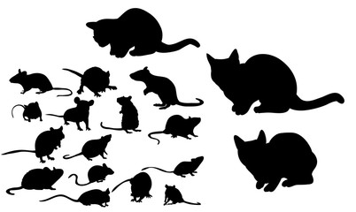 Vector illustration silhouette of cats and mice