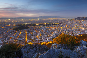 View of Athens from Lycabettus hill at sunset, Greece. 
