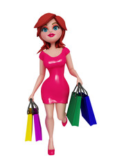 3d girl walking with shopping bag.