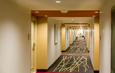 Hotel corridor interior.