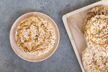 Crispy rice with topping coconut sugar sauce