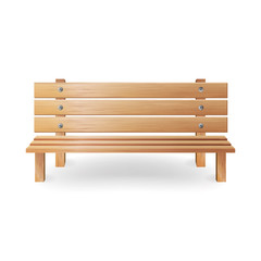 Wooden Bench Realistic Vector Illustration. Single Wooden Park Bench On White