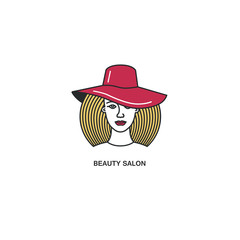 Line style logotype template with lady in red hat. Beauty symbol.