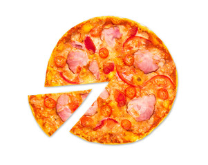 Delicious pizza with ham and tomatoes isolated