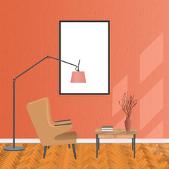 Fototapeta premium Mockup living room interior in hipster style with empty frame, armchair and table. Loft dwelling design.