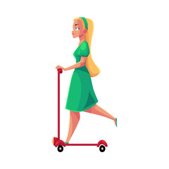 Young pretty blond girl, woman in dress riding kick scooter, side view, cartoon vector illustration isolated on white background. Girl riding, using push scooter, personal transport