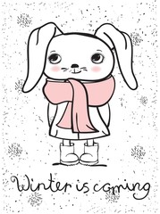 Vector stylish cute rabbit for greeting card design, t-shirt print, inspiration poster. Hand drawn text Winter is coming