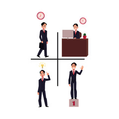 Businessman, manager in business suit going to work, sitting at the workplace, having idea, standing on pedestal, cartoon vector illustration isolated on white background. Businessman, employee set