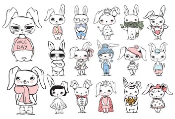 Fototapeta premium Vector set with stylish cute rabbits for greeting card design, t-shirt print, inspiration poster.