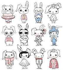Obraz na płótnie Canvas Set of 12 cute vector fashion rabbits