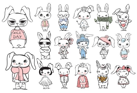 Vector set with stylish cute rabbits for greeting card design, t-shirt print, inspiration poster.