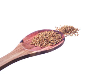 Fenugreek seeds on a brass spoon isolated on a white background.