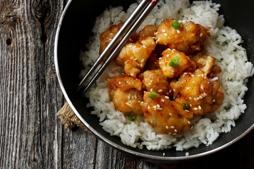 Honey Sesame Chicken served with Jasmin rice