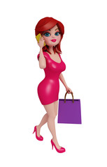 3d girl walking with shopping bag.