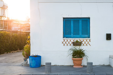 window and flower pot. House facade
