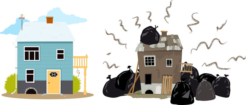 Smelly House Buried Under Garbage Bags Creating Problems For It's Neighbors, EPS 8 Vector Illustration