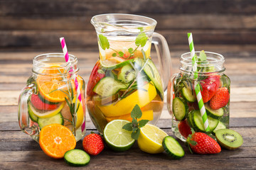 Fresh detox water with fresh fruits, vegetables and herbs 