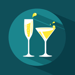 Two wineglass with splashes. Long shadow flat design. Vector illustration