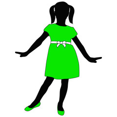 Toddler girl in green dress posing. Silhouette