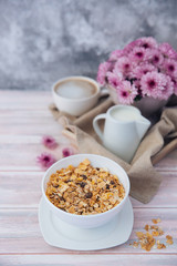 Bowl with granola cereal. Healthy musli 