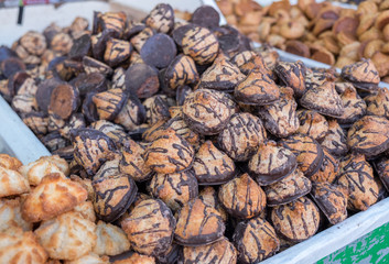 Kosher for Passover coconut and peanuts cookie, for sale at Mahane Yehuda Market, popular marketplace in Jerusalem, Israel