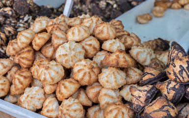 Kosher for Passover coconut and peanuts cookie, for sale at Mahane Yehuda Market, popular marketplace in Jerusalem, Israel