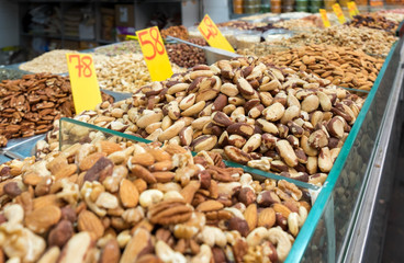 Different nuts for sale at Mahane Yehuda Market, popular marketplace in Jerusalem, Israel