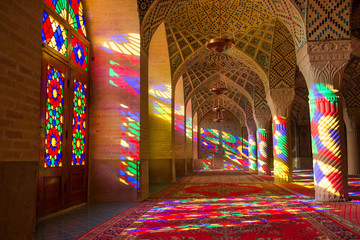 OCTOBER 23, 2016 - Shiraz, the Islamic Republic of Iran : The morning sunlight shining through the stained-glass creates the great array of colors projected into the prayer halls.