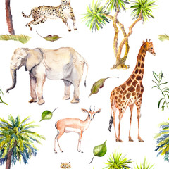Palmiers et animaux de la savane - girafe, éléphant, guépard, antilope. Modèle sans couture de zoo. Aquarelle