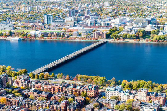 Boston aerial skyline with river and buildings