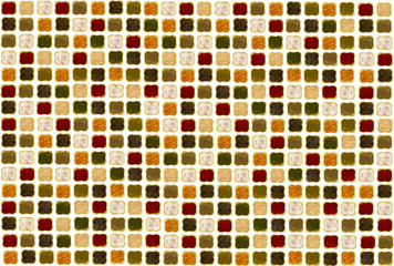 Set of bowls with various spices on a white background red paprika leek curcuma onion